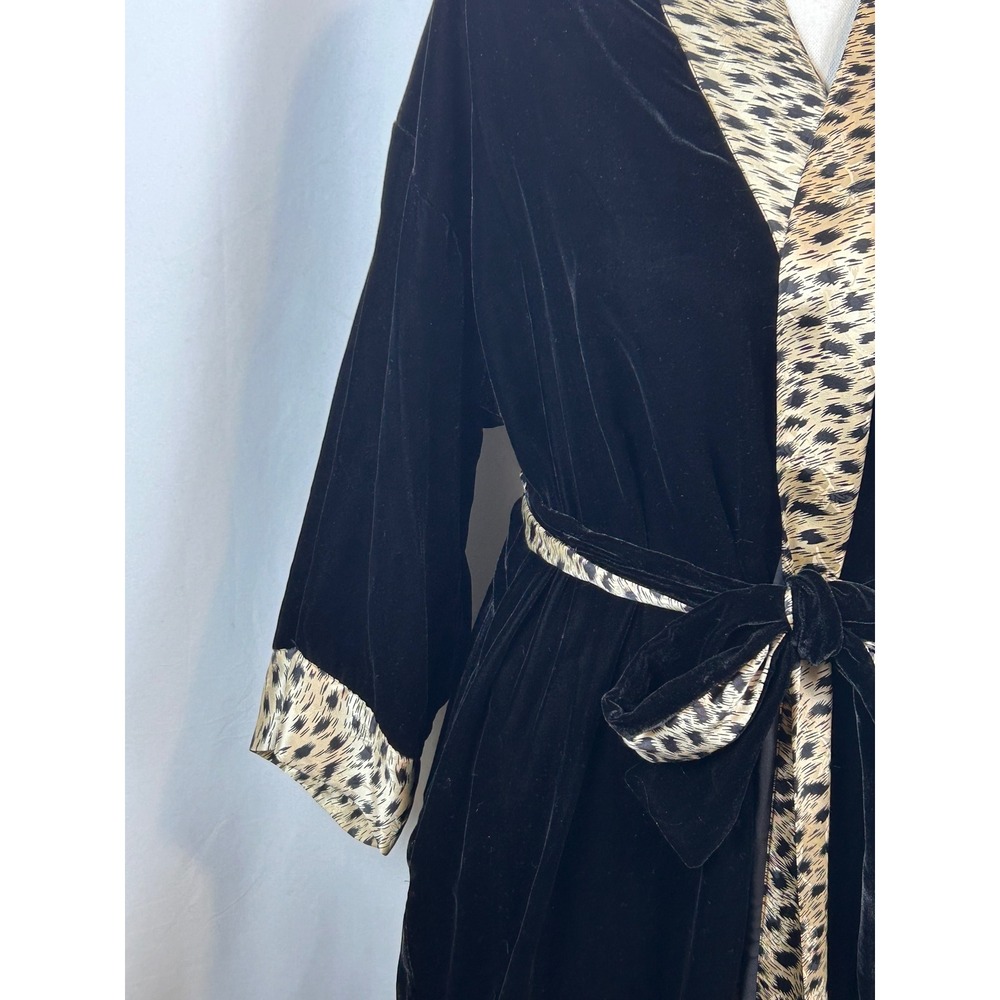 August Silk Velvet Robe Women Size 8 Black Leopard Trim Long Duster - Picture 5 of 11